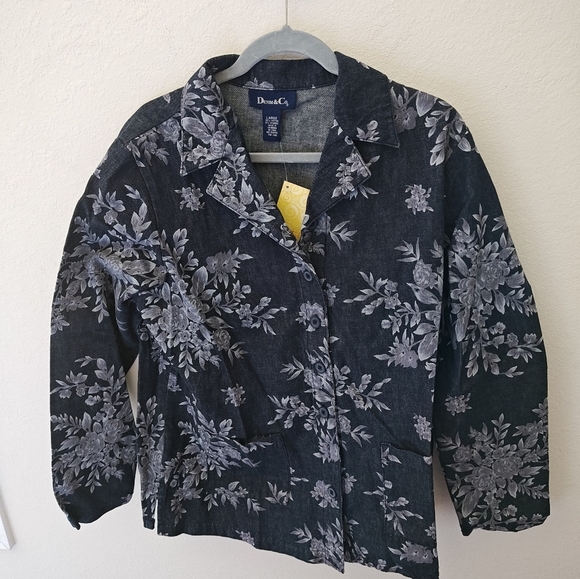 Denim & Co. Sz L Dark Black Cotton Twill Long Blazer Jacket Floral - Picture 2 of 4